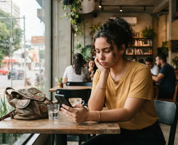 Jovem mulher pensativa olhando para a tela de um smartphone em ambiente moderno