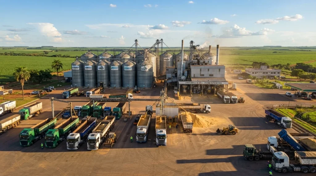 Complexo agroindustrial de esmagamento de soja com silos e caminhões de carga