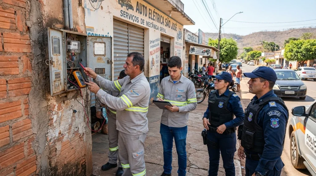 Técnicos de concessionária de energia e policiais em vistoria técnica em medidor comercial