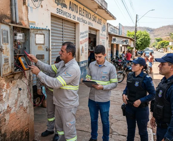 Técnicos de concessionária de energia e policiais em vistoria técnica em medidor comercial