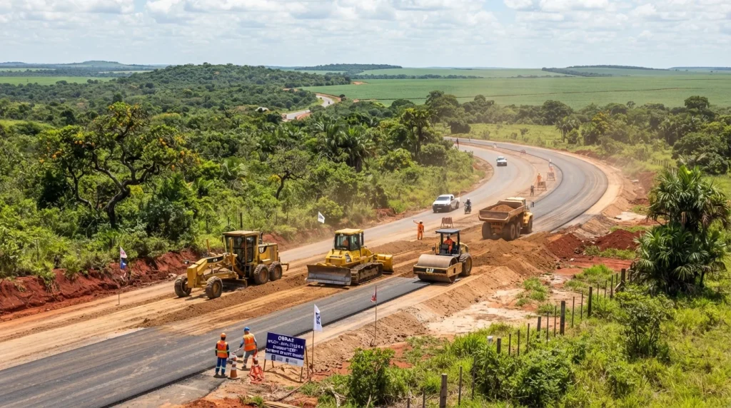 Trecho de rodovia estadual em área rural com máquinas de terraplanagem e vegetação nativa
