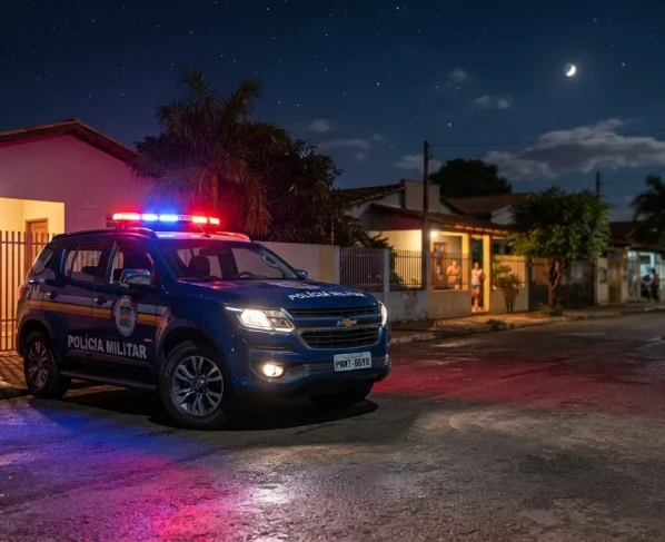 iatura da Polícia Militar estacionada em rua residencial à noite com luzes de alerta acesas