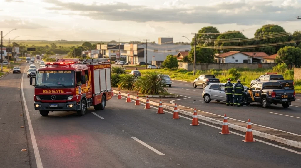 Resgate dos bombeiros em rodovia urbana com cones de sinalização durante atendimento a acidente