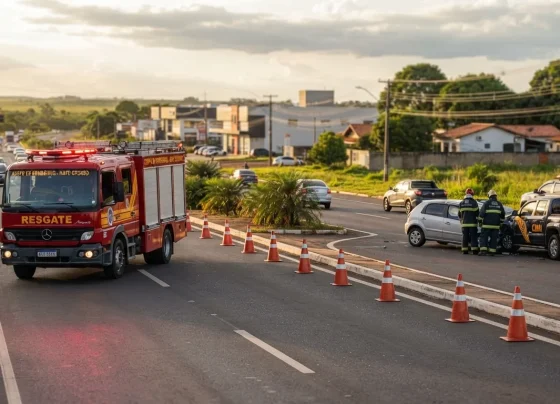 Resgate dos bombeiros em rodovia urbana com cones de sinalização durante atendimento a acidente
