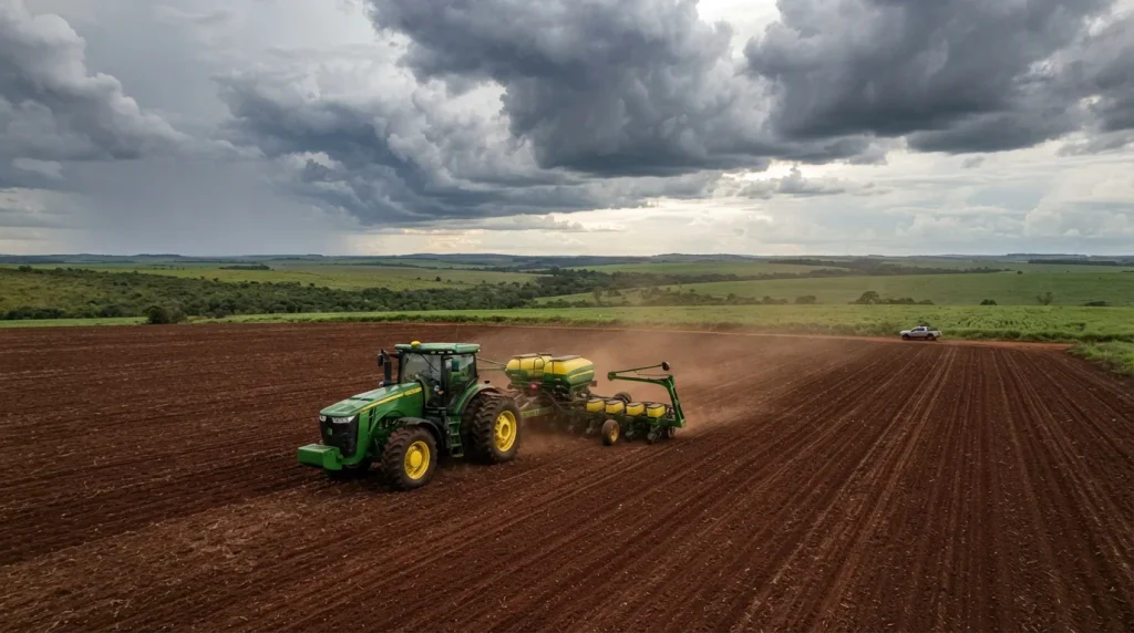 Plantadeira agrícola operando em solo preparado sob céu nublado com expectativa de chuvas