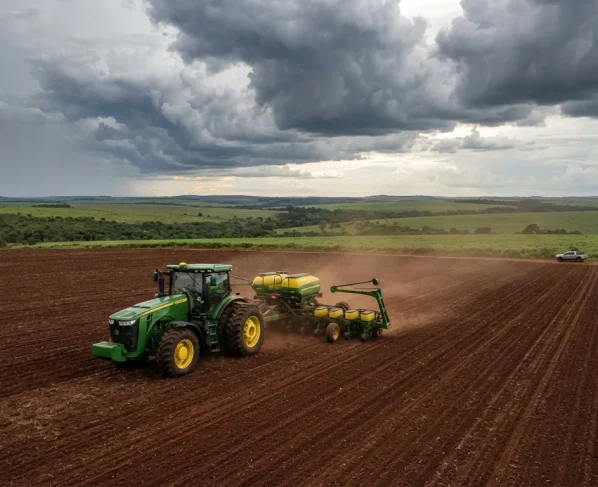 Plantadeira agrícola operando em solo preparado sob céu nublado com expectativa de chuvas