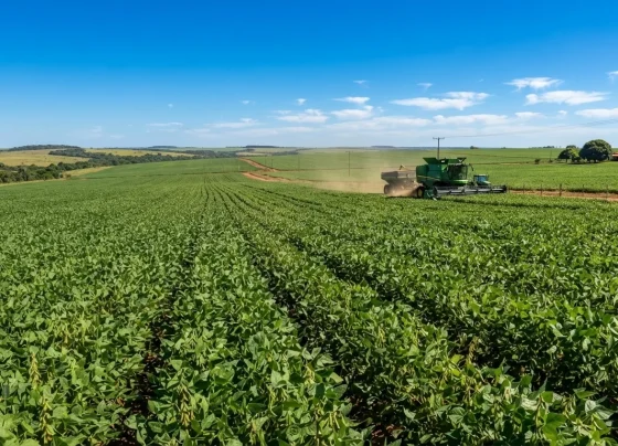 Plantação verde de soja sob céu azul ensolarado com máquina agrícola ao fundo