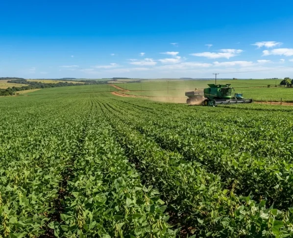 Plantação verde de soja sob céu azul ensolarado com máquina agrícola ao fundo