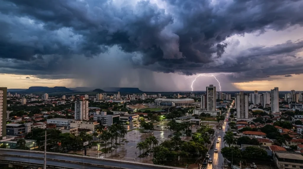 Céu com nuvens carregadas de tempestade sobre paisagem urbana, Cuiabá, Mato Grosso