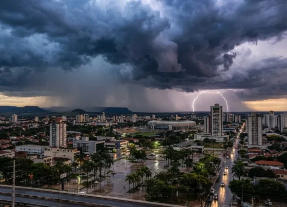 Céu com nuvens carregadas de tempestade sobre paisagem urbana, Cuiabá, Mato Grosso