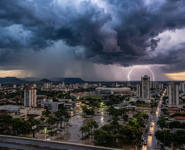 Céu com nuvens carregadas de tempestade sobre paisagem urbana, Cuiabá, Mato Grosso