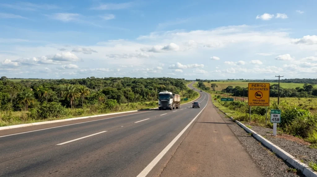 Rodovia federal BR-364 em Mato Grosso com acostamento e sinalização de trânsito sob céu aberto
