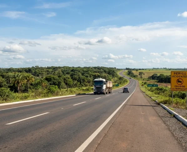 Rodovia federal BR-364 em Mato Grosso com acostamento e sinalização de trânsito sob céu aberto