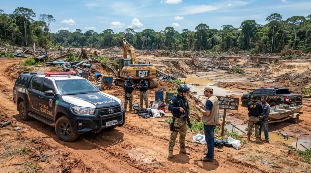 Viatura da Polícia Federal e agentes em operação de combate a crimes ambientais e mineração ilegal