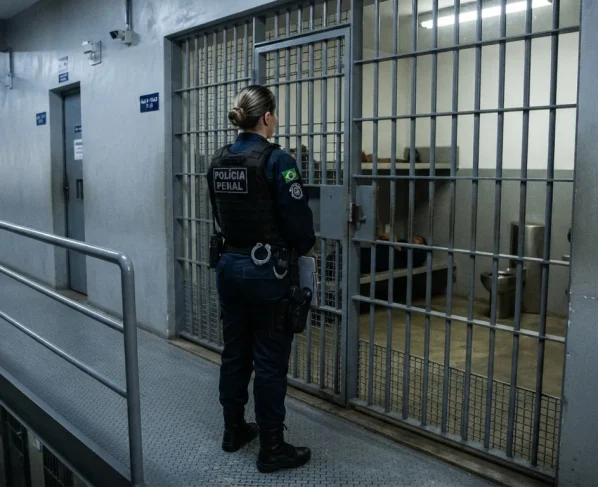 Policial penal mulher de costas olhando para cela