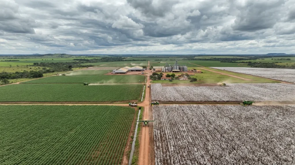Plantação agrícola de soja e algodão em grande escala sob céu nublado no campo