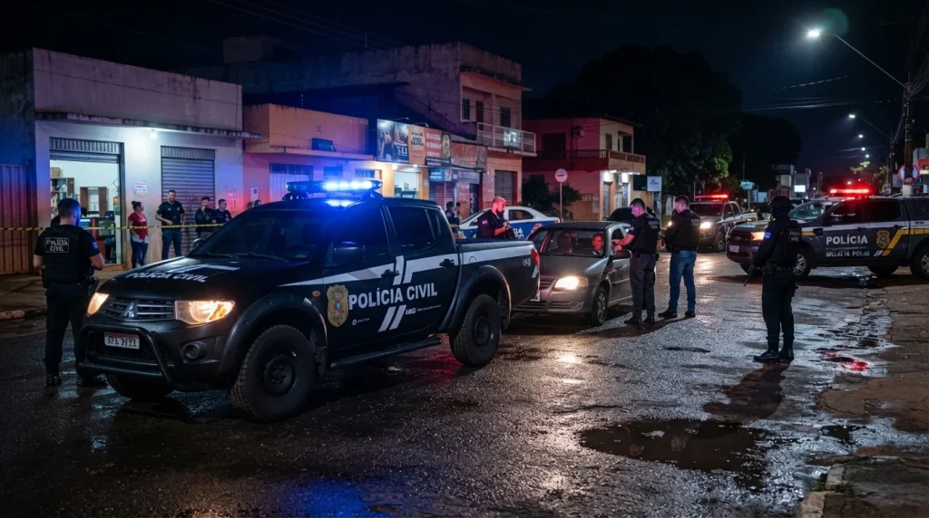 Viatura policial caracterizada em operação integrada em rua urbana de Juína