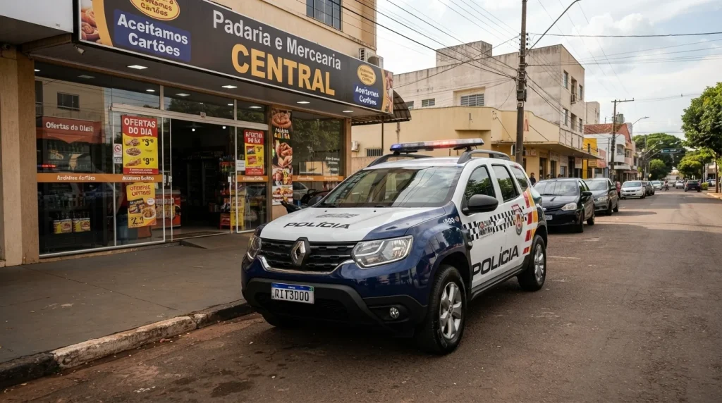 Fachada de estabelecimento comercial em Água Boa com viatura policial estacionada