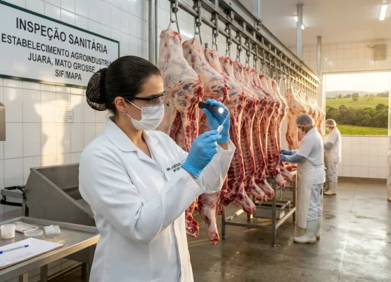 Médico veterinário em atividade de inspeção sanitária em estabelecimento agroindustrial