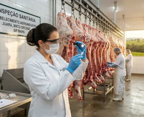 Médico veterinário em atividade de inspeção sanitária em estabelecimento agroindustrial