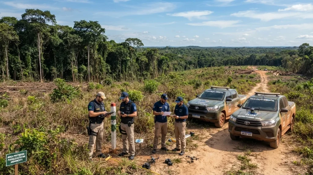 Fiscalização ambiental em área de cerrado e floresta com agentes públicos e viaturas oficiais