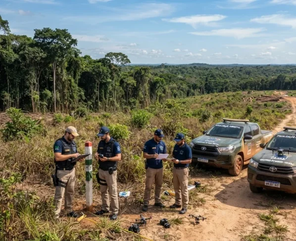 Fiscalização ambiental em área de cerrado e floresta com agentes públicos e viaturas oficiais