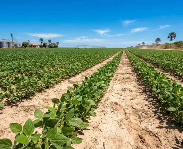 Plantação de soja jovem em lavoura de Mato Grosso com solo seco e céu ensolarado