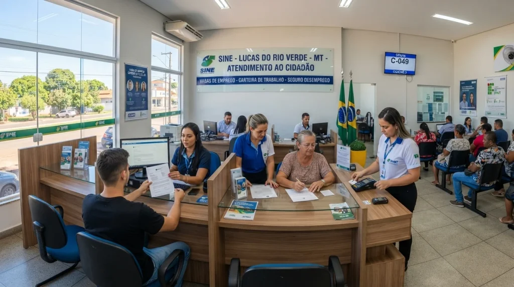 Atendimento ao cidadão em agência do Sine com balcão de atendimento e suporte profissional
