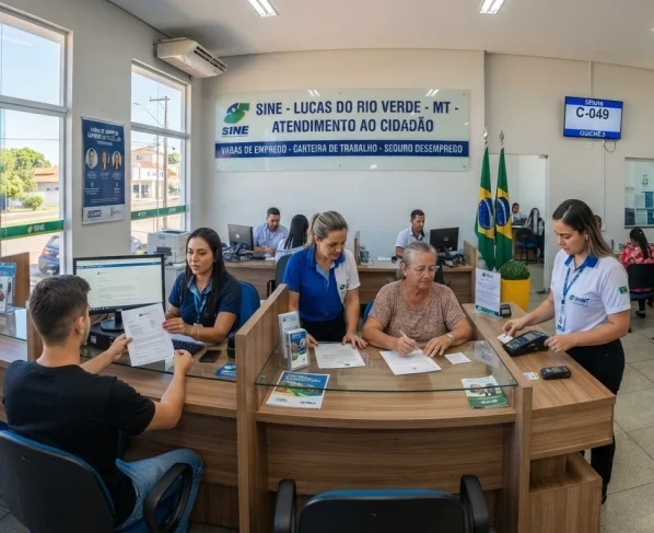 Atendimento ao cidadão em agência do Sine com balcão de atendimento e suporte profissional