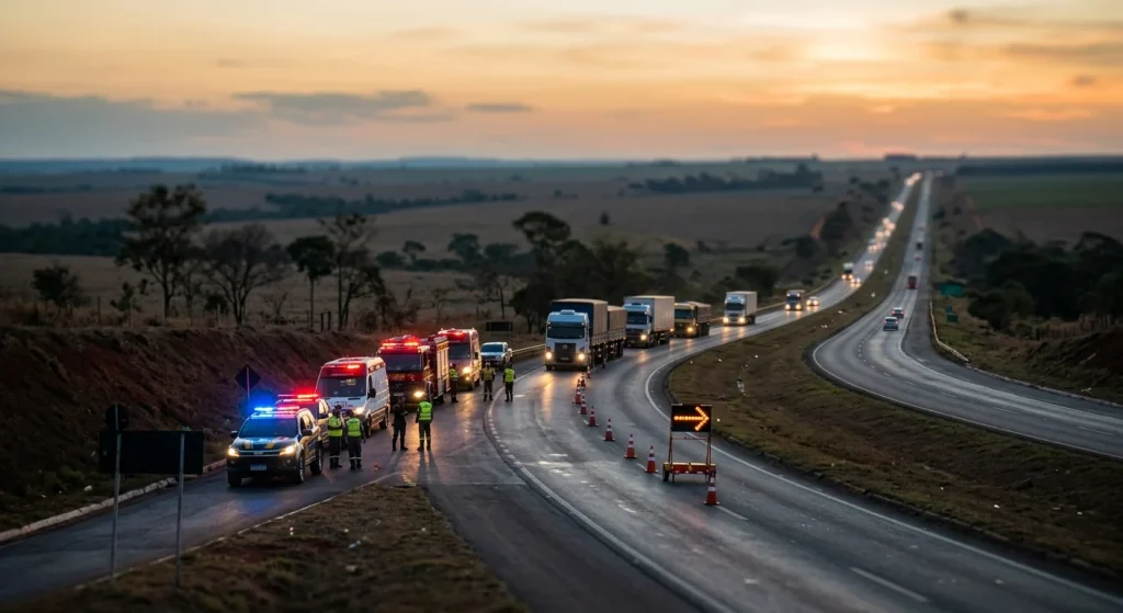 Veículos de emergência e sinalização de trânsito em trecho da rodovia BR-364 no interior de Mato Grosso.