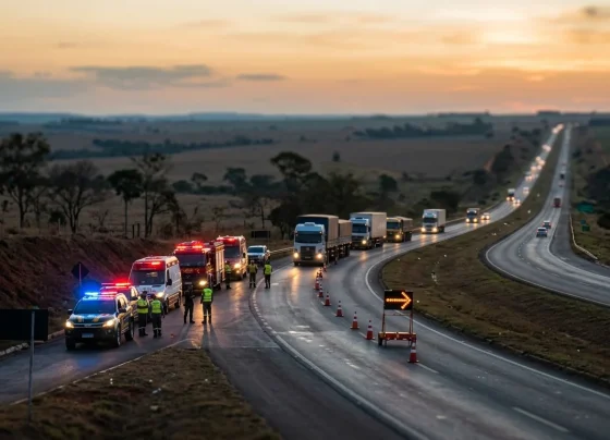 Veículos de emergência e sinalização de trânsito em trecho da rodovia BR-364 no interior de Mato Grosso.