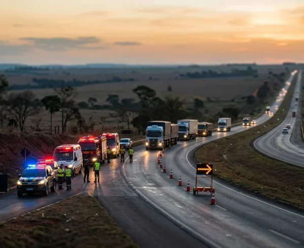 Veículos de emergência e sinalização de trânsito em trecho da rodovia BR-364 no interior de Mato Grosso.
