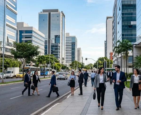 Centro comercial e edifícios em área urbana da capital de Mato Grosso.