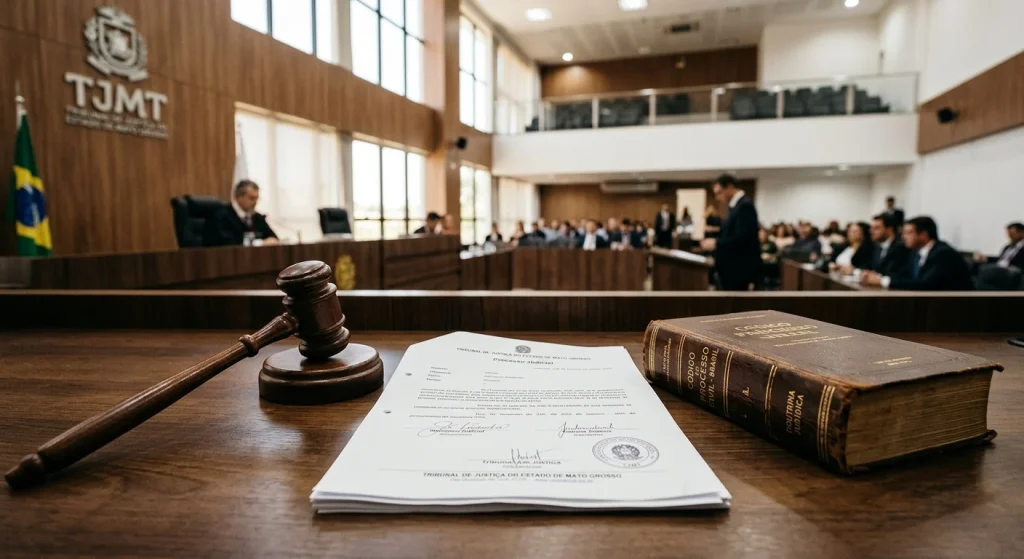 Martelo de madeira e documentos jurídicos em mesa de julgamento no Tribunal de Justiça de Mato Grosso.
