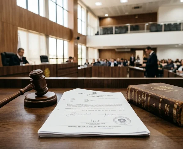 Martelo de madeira e documentos jurídicos em mesa de julgamento no Tribunal de Justiça de Mato Grosso.