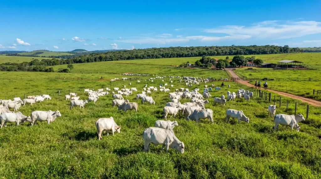 Rebanho de gado bovino pastando em pastagem verdejante sob céu claro