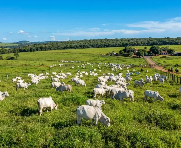 Rebanho de gado bovino pastando em pastagem verdejante sob céu claro