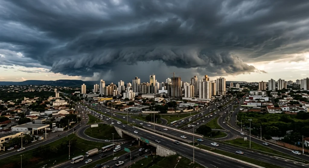 Nuvens carregadas de tempestade sobre a paisagem urbana em Mato Grosso.