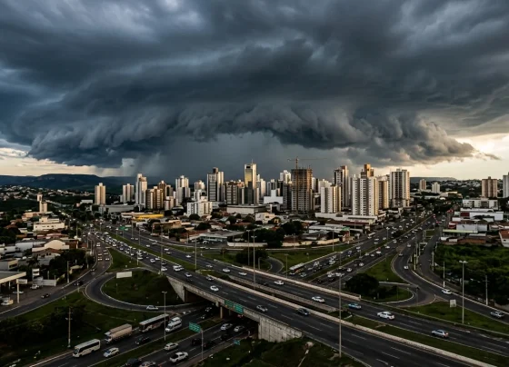 Nuvens carregadas de tempestade sobre a paisagem urbana em Mato Grosso.