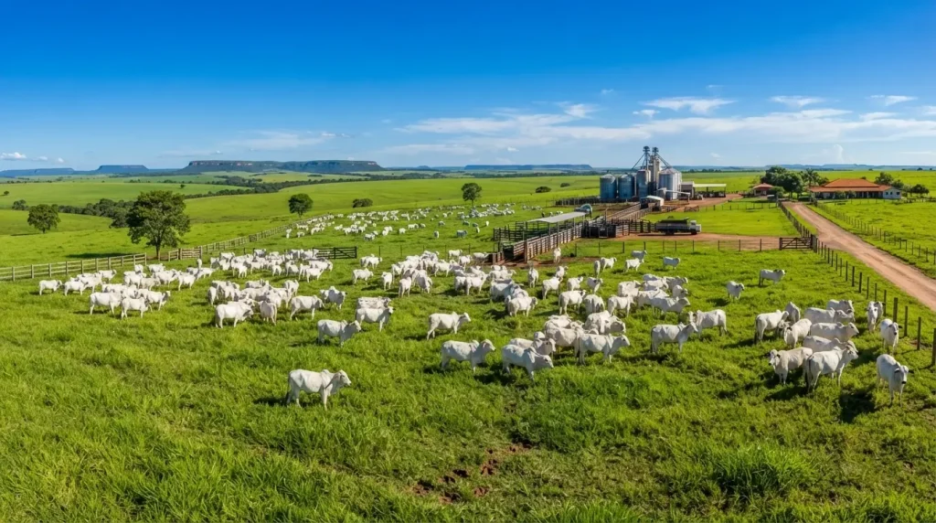 Pastagem verdejante com grande rebanho de gado nelore em fazenda moderna sob céu azul