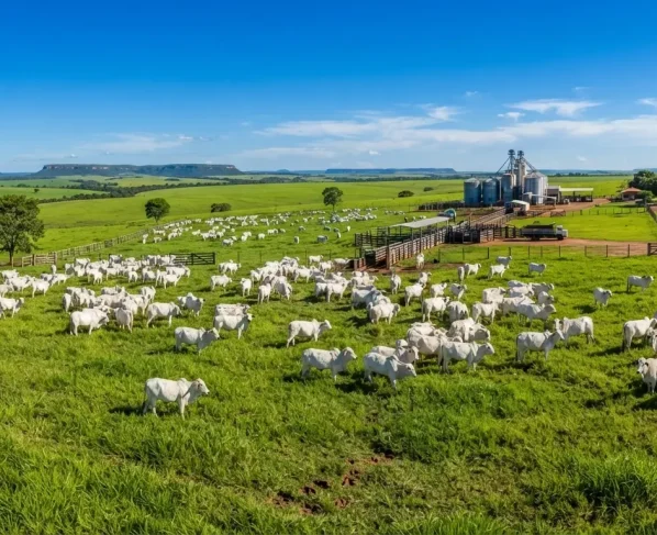 Pastagem verdejante com grande rebanho de gado nelore em fazenda moderna sob céu azul