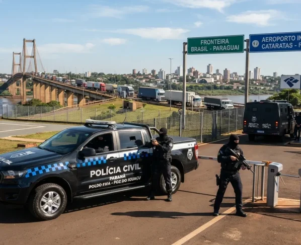 Viatura da polícia civil com agentes armados em escolta de segurança em aeroporto na fronteira com o Paraguai