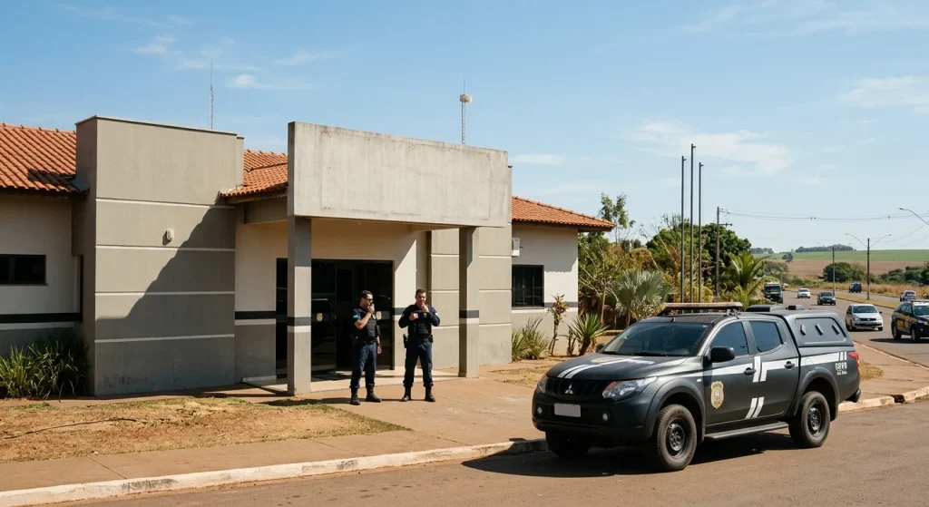 Fachada de delegacia da Polícia Civil em Mato Grosso com viatura policial estacionada.