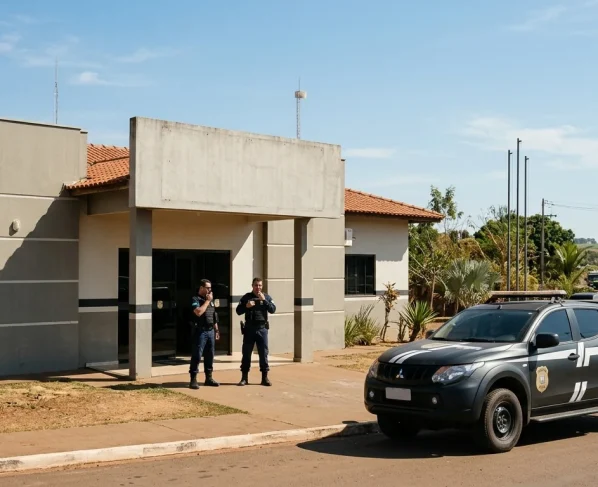 Fachada de delegacia da Polícia Civil em Mato Grosso com viatura policial estacionada.