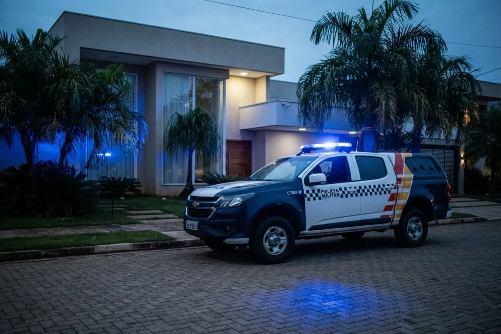 Viatura da polícia estacionada em rua residencial durante o anoitecer, com luzes de emergência refletidas em uma fachada.