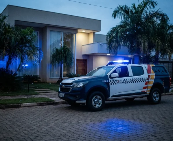 Viatura da polícia estacionada em rua residencial durante o anoitecer, com luzes de emergência refletidas em uma fachada.
