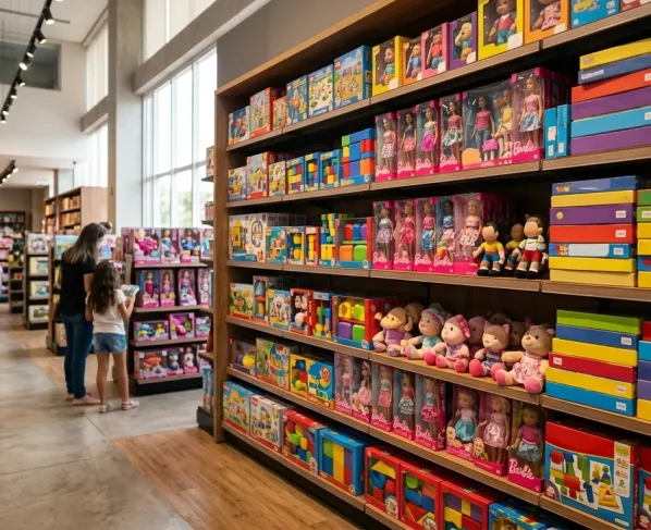 Prateleiras com brinquedos expostos em loja de departamento para a data comemorativa do Dia das Crianças.