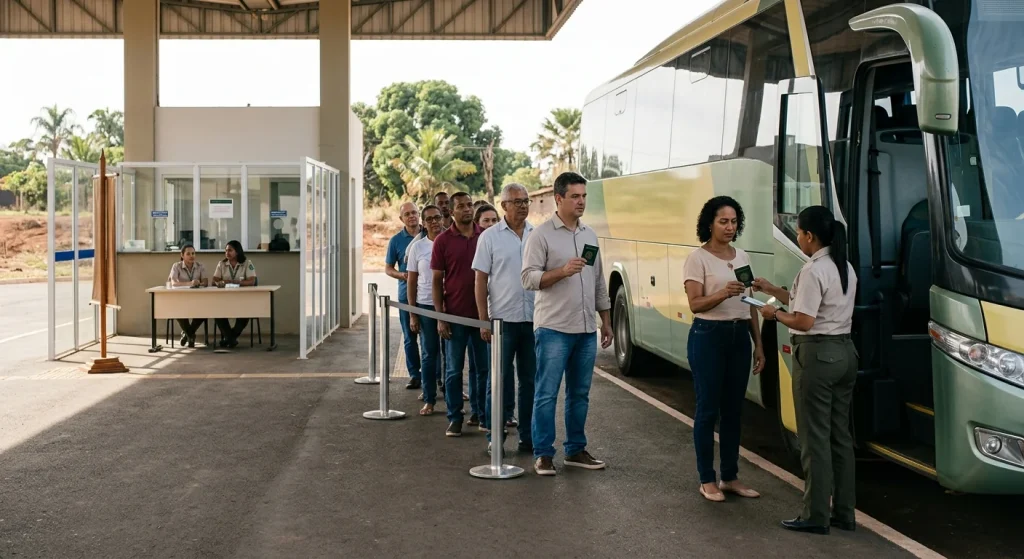 Eleitores embarcando em ônibus intermunicipal em rodoviária de Mato Grosso para votar no segundo turno.
