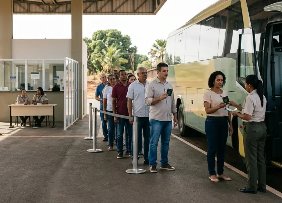 Eleitores embarcando em ônibus intermunicipal em rodoviária de Mato Grosso para votar no segundo turno.
