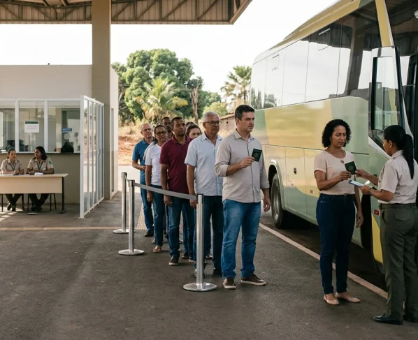 Eleitores embarcando em ônibus intermunicipal em rodoviária de Mato Grosso para votar no segundo turno.